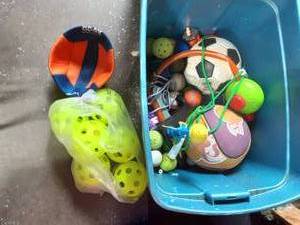 Bin Full Of Sports Balls, Nerf, Stomp Rocket, Wiffle Balls & Jump Ropes