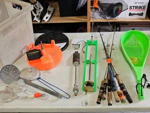 Tip Ups, Slush Scoops, Minnow Nets, Spud Bar Head, 9-Ice Fishing Poles (1 Broken)