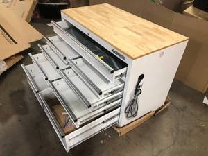 lot 17 image: Husky 46 in. W x 24.5 in D Standard Duty 9-Drawer Mobile Workbench Tool Chest with Solid Wood Top in Gloss White Customer Returns See Pictures