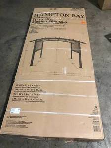 Hampton Bay Orchard Park 13 ft. x 11 ft. Brown Steel Arched Beam Pergola with Sling Canopy  Customer Returns See Pictures