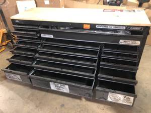 Husky 72 in. W x 24 in. D Heavy Duty 18-Drawer Mobile Workbench Cabinet with Adjustable-Height Hardwood Top in Matte Black Customer Returns See Pictures
