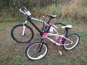 lot 42 image: Black and White Ducati bike and Pink and Red Huffy Kids bike
