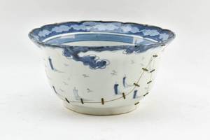 lot 91 image: Antique Blue and White Japanese Ceramic Vessel with Staple Repair