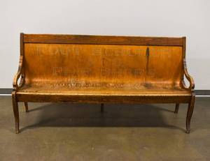 lot 124 image: Antique Wooden Bench from Foot, Schulze & Co. Fine Shoes in St. Paul, MN