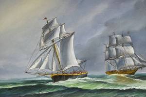 lot 71 image: Signed Painting of Ships at Sea