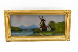 lot 72 image: Idyllic Windmill Landscape Painting on Glass