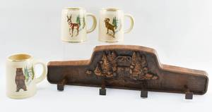 lot 414 image: Set of Three Olympia Beer Mugs with Hanging Rack
