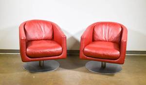 lot 127 image: Pair of Red Liu Swivel Chairs by Natuzzi Italia
