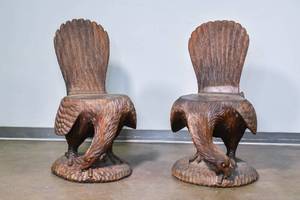 lot 9 image: Pair of Antique Hand Carved Solid Wood Eagle Chairs