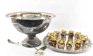 lot 351 image: 15-Piece Silverplate Punch Bowl Set