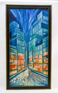 lot 12 image: Original Painting of a Blue Cityscape by Graham Frear