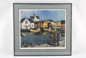 lot 16 image: Sunday on the Bridge Woodcut by Lars Christian Istad