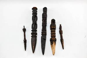 lot 381 image: Group of Five Carved Wooden Buddhist Phurbas