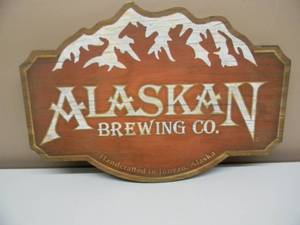 lot 23 image: VINTAGE ALASKAN BREWING CO. WOOD HANGING SIGN - NICE - GREAT PIECE - APPROX 23 By 16 - SEE PICTURES