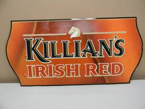lot 25 image: VINTAGE KILLIANS IRISH RED TIN ADVERTISING BAR SIGN - NICE - AWESOME PIECE - APPROX 29 By 14 - SEE PICTURES