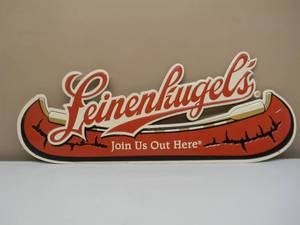 lot 27 image: VINTAGE Leinenkugels Beer join us out here CONOE TIN ADVERTISING BAR SIGN - NICE - AWESOME PIECE - APPROX 35 By 14 - SEE PICTURES