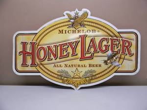 lot 28 image: VINTAGE MICHELOB HONEY LAGER BEER TIN ADVERTISING BAR SIGN - NICE - AWESOME PIECE - APPROX 36 By 23 - SEE PICTURES