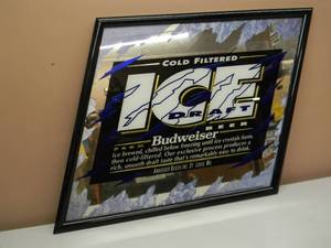 lot 32 image: VINTAGE BUDWEISER COLD FILTERED ICE DRAFT BAR SIGN  MIRROR - COOL PIECE - APPROX 28 By 22 - SEE PICTURES