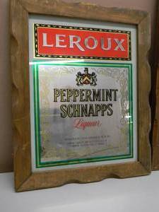 lot 33 image: VINTAGE LEROUX PEPPERMINT SCHNAPPS & LEROUX SCHNAPPS BAR SIGNS  MIRRORS WITH MATCHING FRAMES - COOL OLD SCHOOL PIECES - APPROX 14 By 17 & 19 By 23 - SEE PICTURES