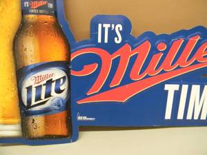 lot 35 image: VINTAGE ITS Miller TIME TIN ADVERTISING BAR SIGN - AWESOME PIECE - APPROX 24 By 18 - SEE PICTURES