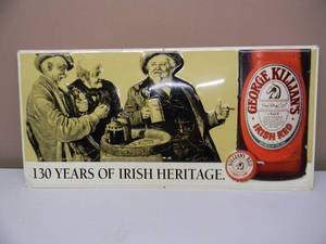 lot 43 image: GEORGE KILLIANS IRISH RED EMBOSSED METAL  TIN SIGN 130 YEARS OF IRISH HERITAGE - AWESOME PIECE - APPROX 29 By 14 - SEE PICTURES
