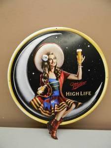 lot 55 image: RARE - Miller HIGH LIFE BEER LADY ON THE MOON EMBOSSED METAL  TIN BAR SIGN - NICE - AWESOME PIECE - APPROX 17 By 19 - SEE PICTURES