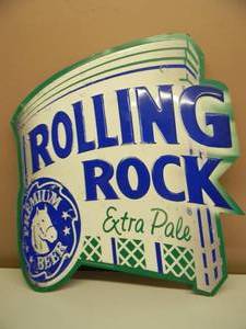 lot 60 image: ROLLING ROCK EXTRA PALE EMBOSSED METAL  TIN BAR SIGN - NICE - AWESOME PIECE - APPROX 21 By 24 - SEE PICTURES