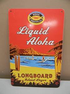 lot 62 image: KONA LONGBOARD ISLAND LAGER Liquid Aloha METAL  TIN BAR SIGN - NICE - COOL PIECE - APPROX 12 By 18 - SEE PICTURES
