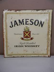 lot 66 image: JAMESON IRISH WHISKEY EMBOSSED METAL  TIN BAR SIGN - NICE - AWESOME PIECE - APPROX 24 By 24 - SEE PICTURES