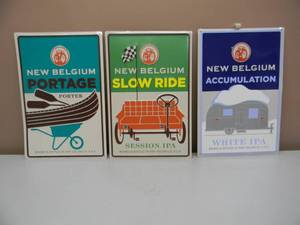 lot 69 image: NEW BELGIUM PORTAGE PORTER - SLOW RIDE & ACCUMULATION EMBOSSED METAL  TIN BAR SIGNS - AWESOME PIECES - APPROX 11 By 17 - SEE PICTURES
