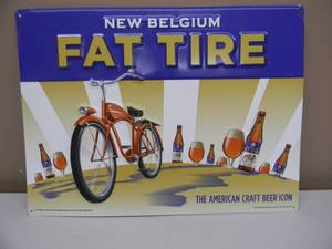 lot 72 image: NEW BELGIUM FAT TIRE EMBOSSED METAL  TIN BAR SIGN - AWESOME PIECE - APPROX 19 By 14 - SEE PICTURES