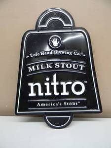 lot 75 image: RARE - LEFT HAND BREWING CO. MILK STOUT nitro EMBOSSED METAL  TIN BAR SIGN - AWESOME PIECE - APPROX 13 By 18 - SEE PICTURES