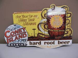 lot 76 image: RARE - CONEY ISLAND BREWING CO. HARD ROOT BEER EMBOSSED METAL  TIN BAR SIGN - AWESOME PIECE - APPROX 18 By 12 - SEE PICTURES