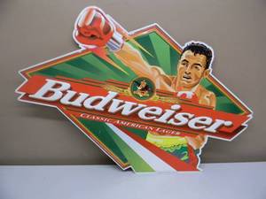 lot 94 image: BUDWEISER BEER BOXING EMBOSSED METAL  TIN BAR SIGN - FANTASTIC PIECE - APPROX 36 By 23 - SEE PICTURES