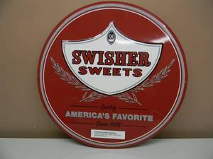 lot 99 image: VINTAGE SWISHER SWEETS EMBOSSED METAL  TIN SIGN - FANTASTIC PIECE - APPROX 21 By 21 - SEE PICTURES