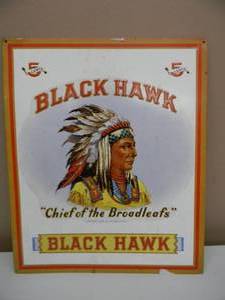 lot 100 image: VINTAGE BLACK HAWK Chief of the Broadleafs METAL  TIN SIGN - FANTASTIC PIECE - APPROX 12 By 15 - SEE PICTURES