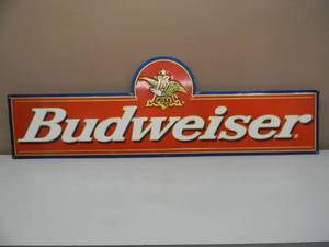 lot 103 image: VINTAGE ANHEUSER-BUSCH BUDWEISER EMBOSSED METAL  TIN BAR SIGN - FANTASTIC PIECE - APPROX 46 By 16 - SEE PICTURES