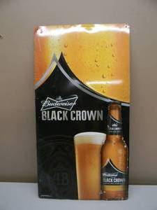 lot 105 image: VINTAGE BUDWEISER BLACK CROWN EMBOSSED METAL  TIN BAR SIGN - COOL PIECE - APPROX 16 By 30 - SEE PICTURES