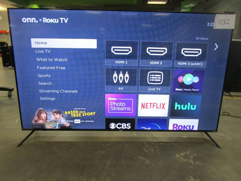 onn. 75” Class 4K UHD (2160P) LED Frameless Roku Smart TV (100044717)   CHRISTMAS IN JULY TV AUCTION! LIKE NEW AND REFURBISHED TVs! ALL TESTED AND  WORKING CONDITION! ONE DAY, MONDAY PICK-UP