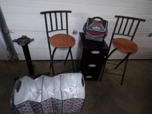 2 Folding Stools, file cabinet, table base, cooler, organizer
