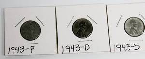lot 8 image: Lot Of 3 Nice High Grade 1943 P, D & S Steel Wheat Back Pennies
