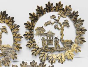 lot 31 image: Vintage Copper Chinese Hand Cut Out Silhouette Wall Art Scenes 14 Inch Diameter Each, Lot Of 3