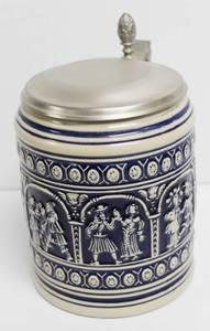 lot 87 image: Rein Zinn BMF Large 1960s Ceramic Pewter Lidded Beer Stein 4 12 Diameter X 6 LONG