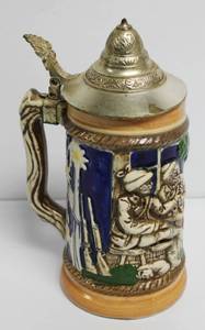 lot 93 image: German Vintage Ceramic Lidded Beer Stein Made In Japan 3 34 Diameter X 9 Long