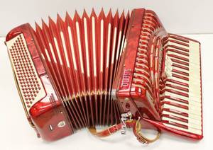 lot 2 image: Titano Accordion Red Vintage Peace Of art 17 X 33 W Original Leather Case & Straps