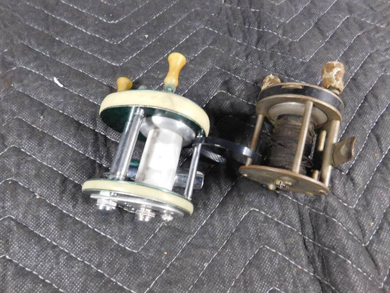 2 Vintage casting reels, Give Me A Bidd Auction w/Military items, Fishing,  Jewlery, Whizzer Bike, Sports Cards, Vintage Toys, Furniture and more.