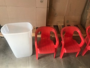 lot 16 image: 3 kids plastic chairs, garbage can and some sort of seat that is new