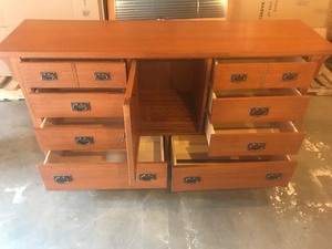 lot 24 image: 8 drawer wood dresser with mirror and storage cabinet
