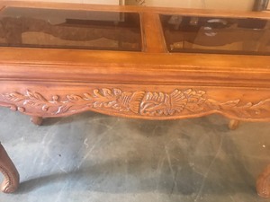 lot 26 image: Wood coffee table with glass top