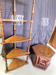 lot 36 image: Octagon cabinet style end table and corner shelf w 5 shelves